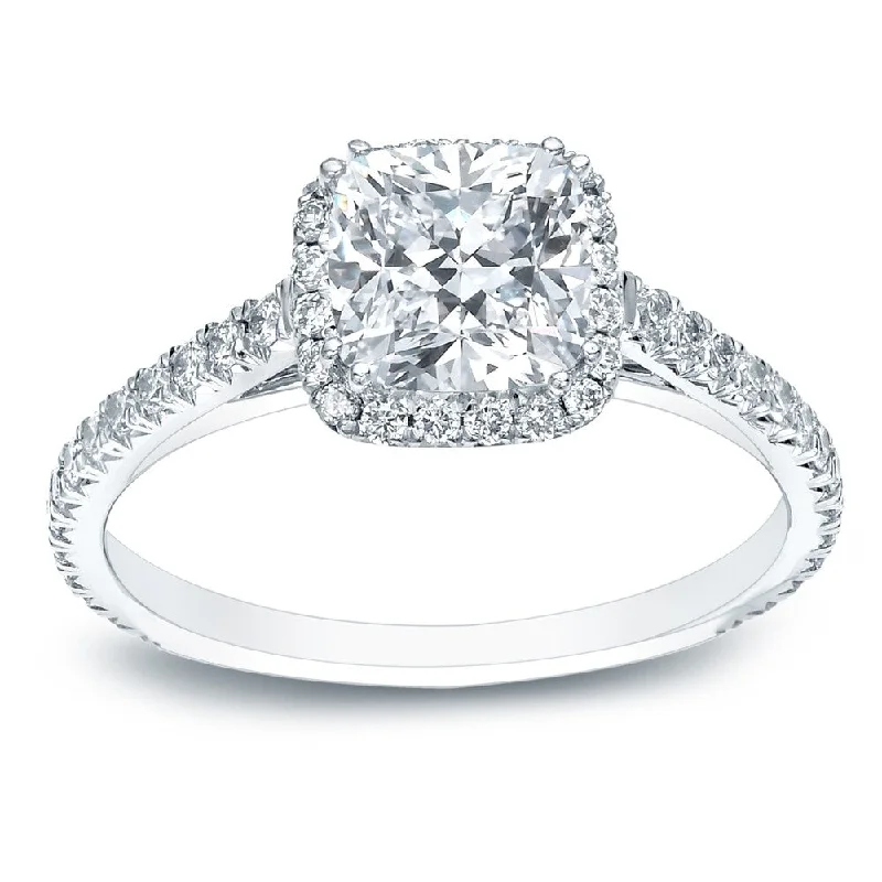 Tapered stone ring-Auriya Platinum 1 1/2ctw Cushion-cut Halo Diamond Engagement Ring