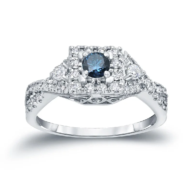 Gentle edge ring-Auriya Vintage 4/6ct TW Blue Diamond Halo Engagement Ring 14K Gold