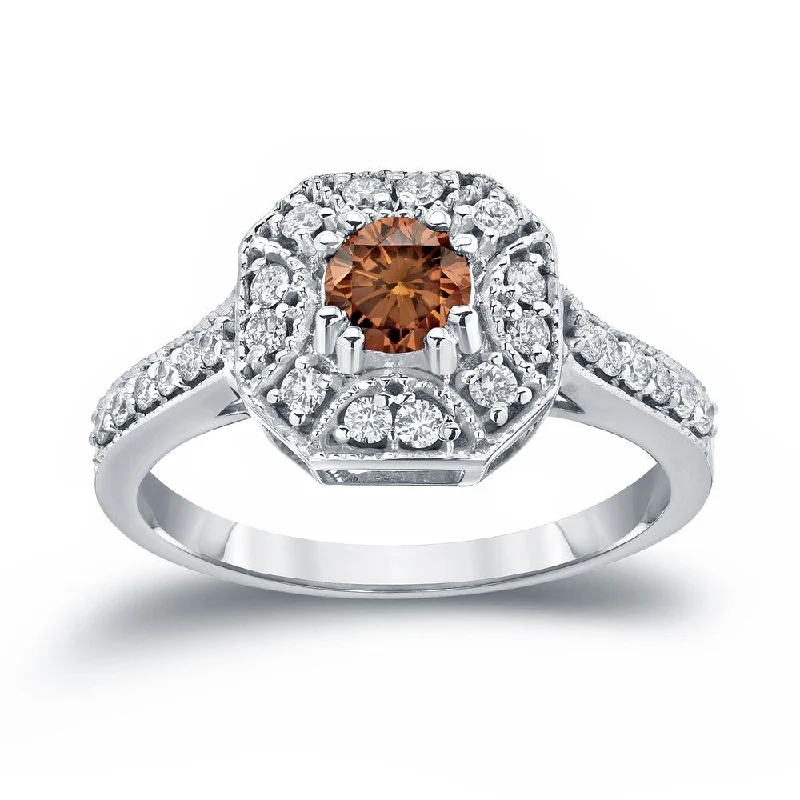 Polished palladium ring-Auriya Vintage Brown Diamond Halo Engagement Ring 3/4ct TW 14k Gold (I1-I2)