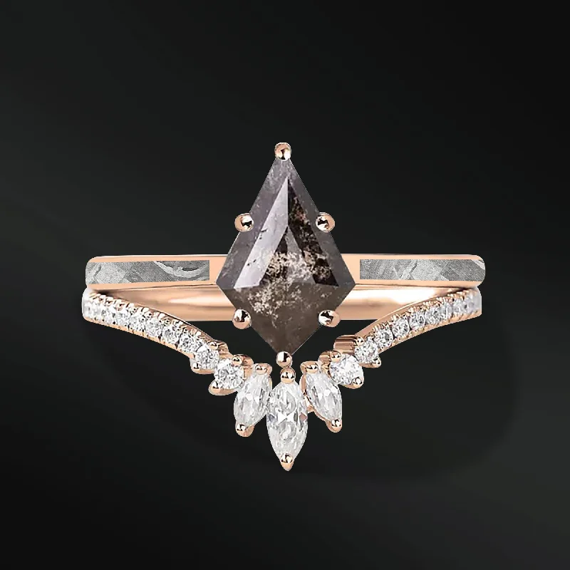 Arched stone ring-AZEELIA - 14K GOLD ENGAGEMENT RING SET - NATURAL METEORITE AND KITE GALAXY DIAMOND RINGS