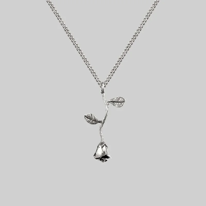 Single pearl necklace-BELLADONNA. Rose Stem Charm Necklace - Silver