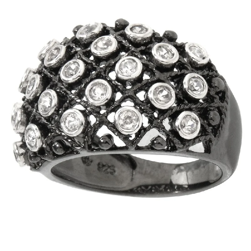 Decagonal stone ring-Black Rhodium-plated Natural White Zircon Dome Ring