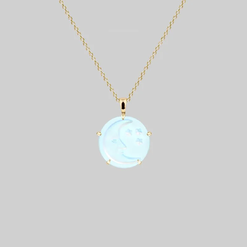 Deep-set stone necklace-BLUE MOON. Crystal Moon & Stars Necklace - Gold