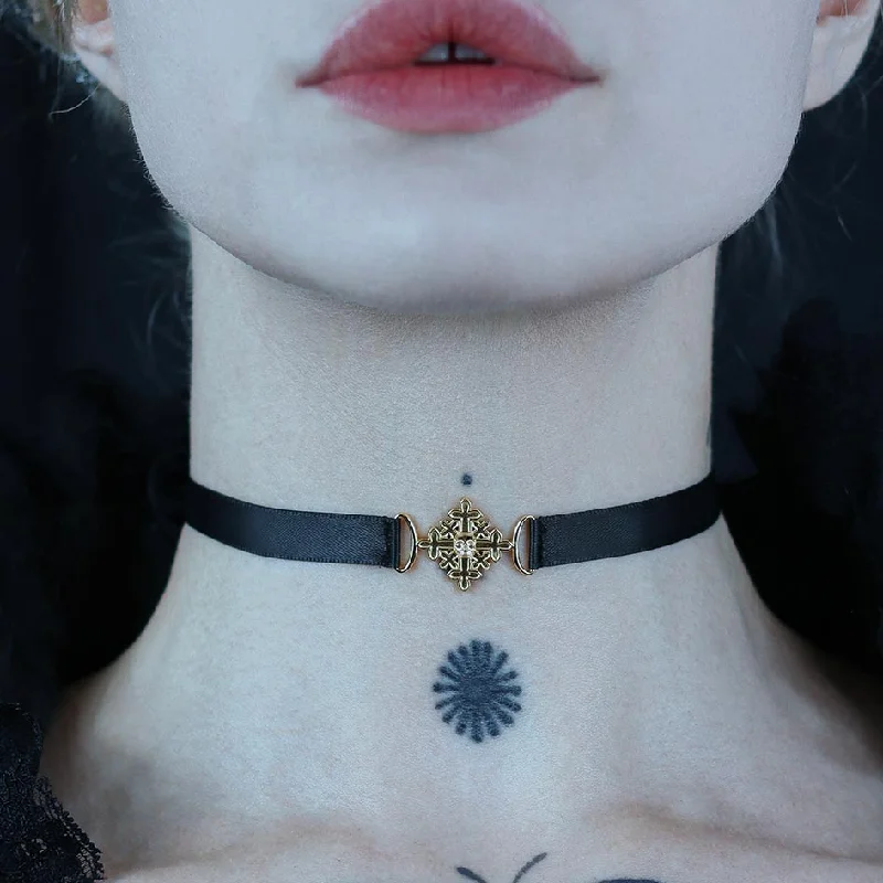 Grained stone necklace-BODICE. Skull & Cross Satin Choker - Gold