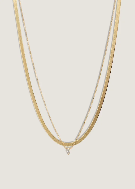 Hammered bronze necklace-Carter Herringbone & Marquise Diamond Necklace Stack