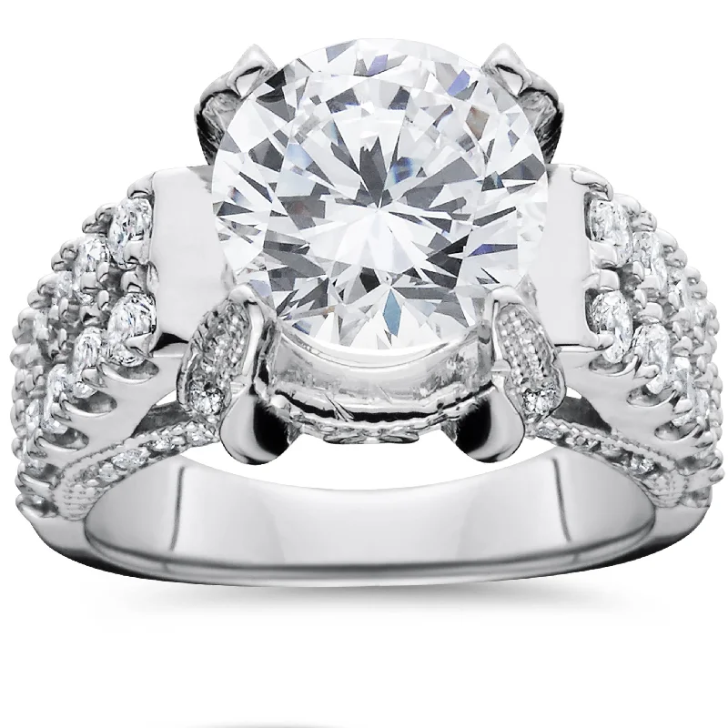 Curved design ring-Certified 4.50 Ct Lab Grown Diamond Engagement Ring 14K White Gold Vintage