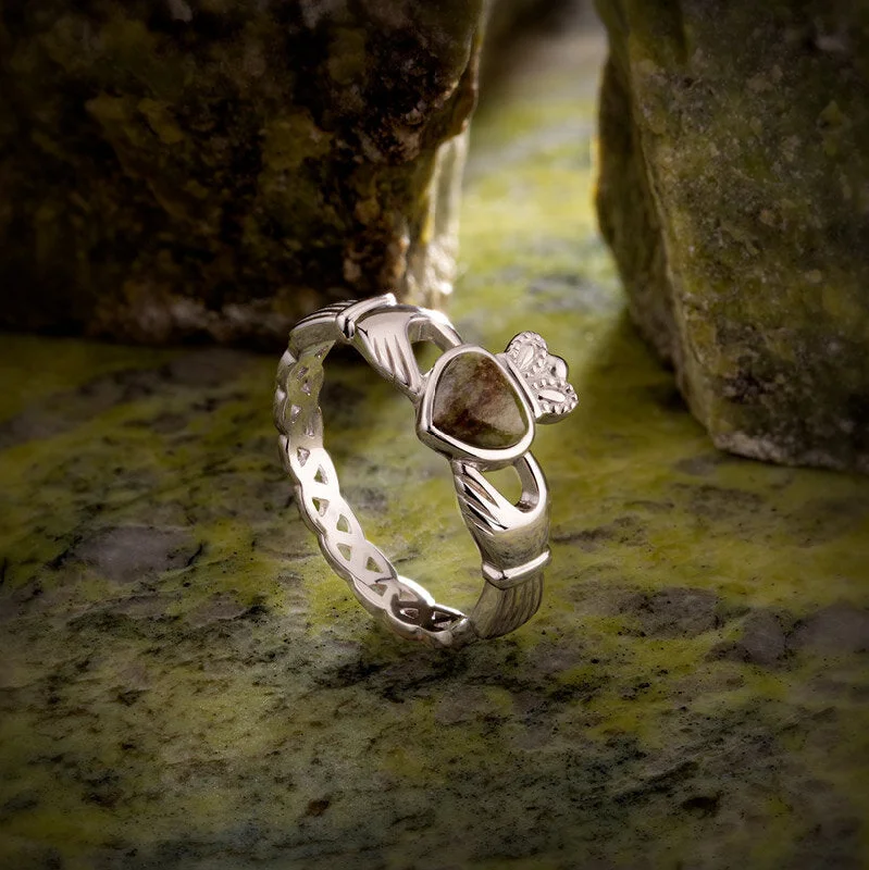 Rich rhodonite ring-Silver Connemara Marble Claddagh Weave Ring