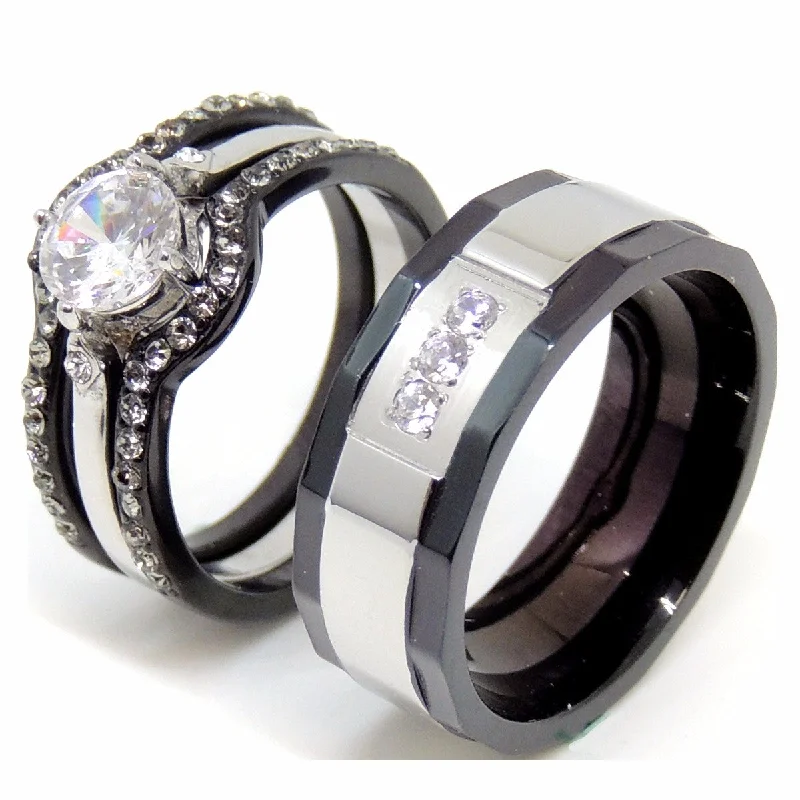 Jagged sapphire ring-Couple Ring Set Women Black Stainless Steel Promise Ring Mens 3 CZs Wedding Band