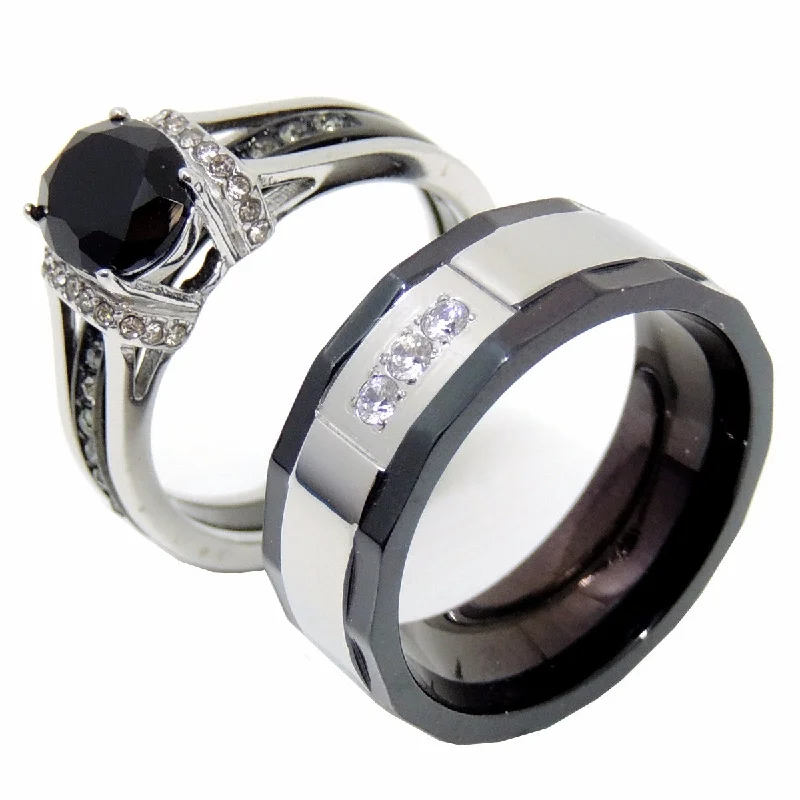 Peak stone ring-Couple Ring Set Womens Black Oval CZ Promise Ring Mens 3 CZ Wedding Band