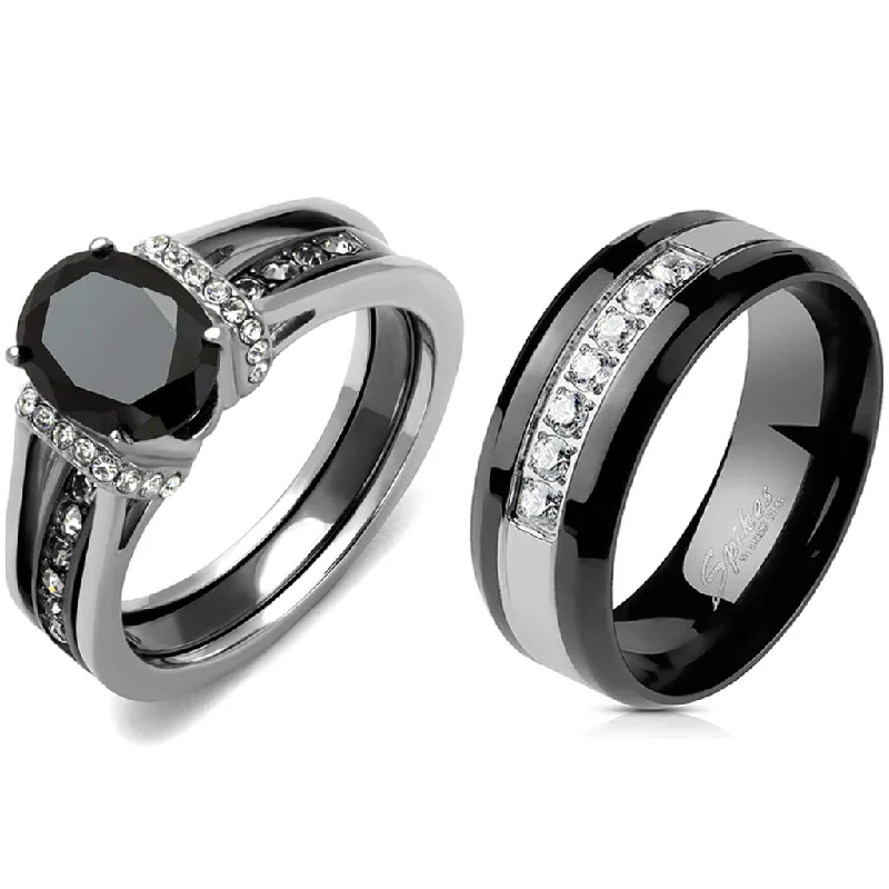 Varied stone ring-Couple Ring Set Womens Black Oval CZ Promise Ring Mens 7 CZs Wedding Band