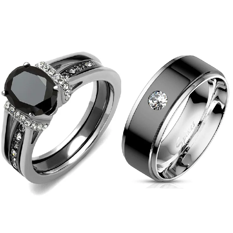 Elevated band ring-Couple Ring Set Womens Black Oval CZ Promise Ring Mens Bezel Set CZ  Wedding Band