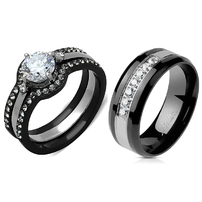 Sleek-cut ring-Couple Ring Set Womens Black Stainless Steel Promise Ring Mens 7 CZs Wedding Band