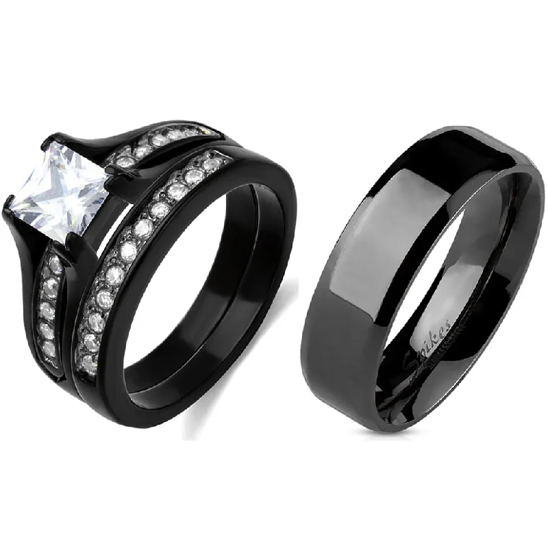 Forged silver ring-Couple Ring Set Womens One Carat Princess CZ Black Stainless Steel Wedding Ring Set Mens Flat Band