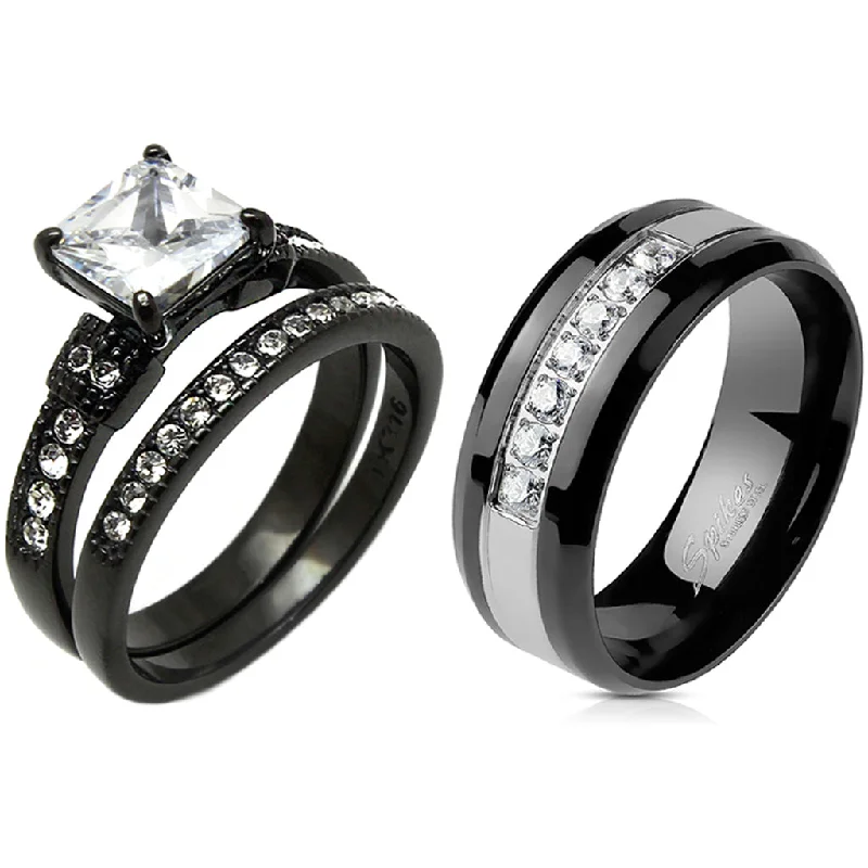 Smooth sweep ring-Couple Ring Set Womens Princess CZ Black Promise Ring Mens 7 CZs Wedding Band