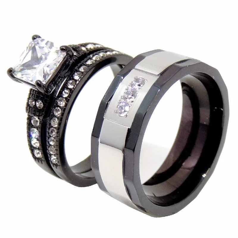 Rich marble ring-Couple Ring Set Womens Princess CZ Black Promise Ring Mens Wedding Band w/ 3 CZ