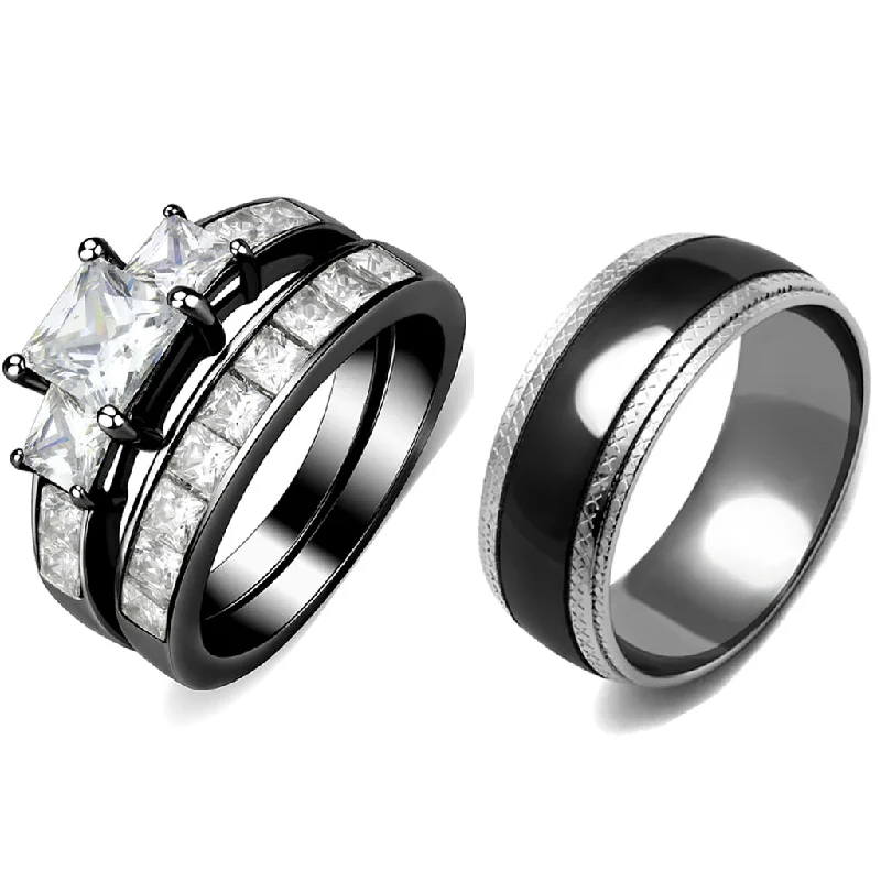 Twisting design ring-Couple Rings Black Set Womens 3 Stone Princess CZ Stainless Steel 2 Rings Mens Matching Band