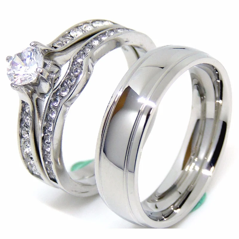 Glossy gem ring-Couple Rings Set Womens 5x5mm Brilliant CZ Wedding Ring Mens Engagement Band