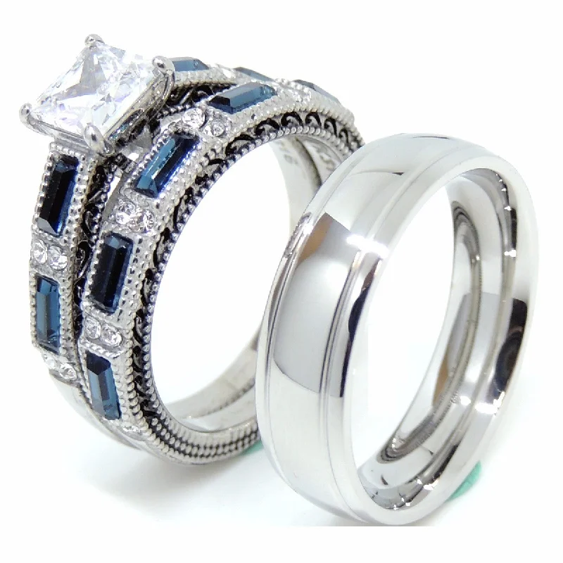 Sleek design ring-Couple Rings Set Womens Blue and Clear CZ Wedding Ring Mens Engagement Band