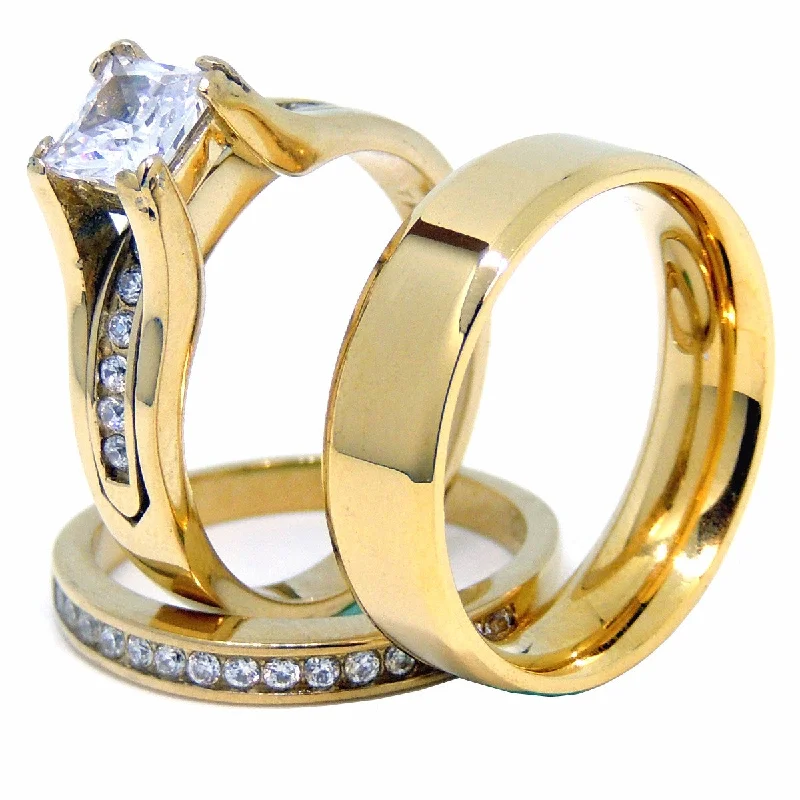 Slanted gem ring-Womens 14K Gold Plated Princess CZ Engagement Ring Mens Flat Wedding Band