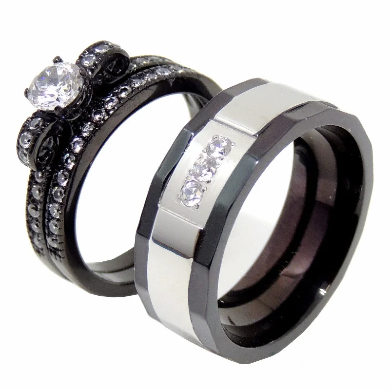 Divided band ring-Couples Ring Set Womens Black Anniversary Ring Mens 3 CZ Two Tone Wedding Band