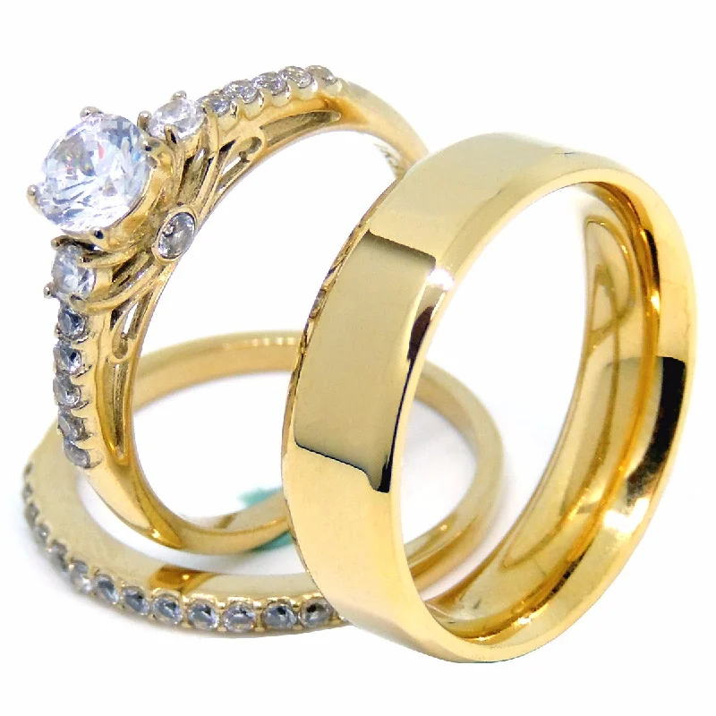 Hovering diamond ring-Couples Ring Set Womens Gold Plated 0.6 Carat Round CZ Ring Set Mens Gold Plated Flat Wedding Band