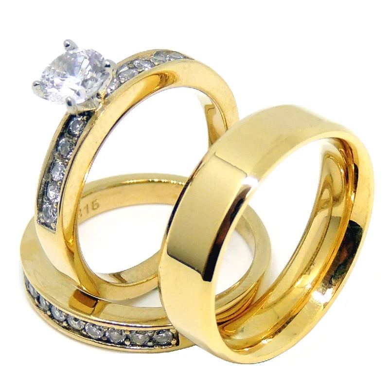 Glinting gem ring-Couples Ring Set Womens Gold Plated 6mm Round CZ Ring Set Mens Gold Plated Flat Wedding Band