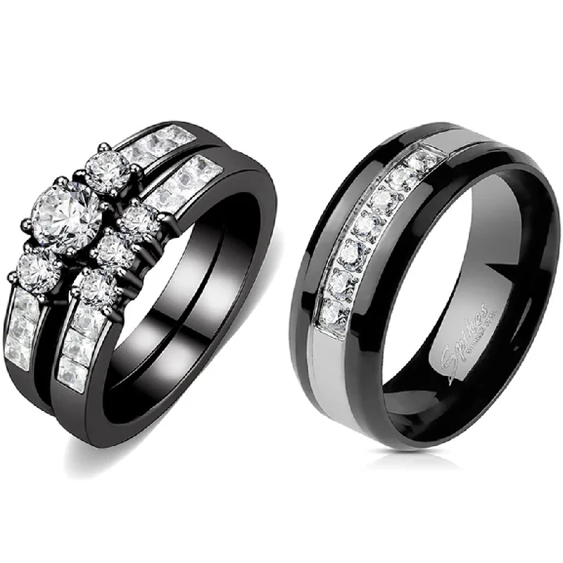 Glinting cut ring-Couples Rings Black Set Womens 3 Stone Small Round CZ Engagement Ring Mens 7 CZs Two Tone Band