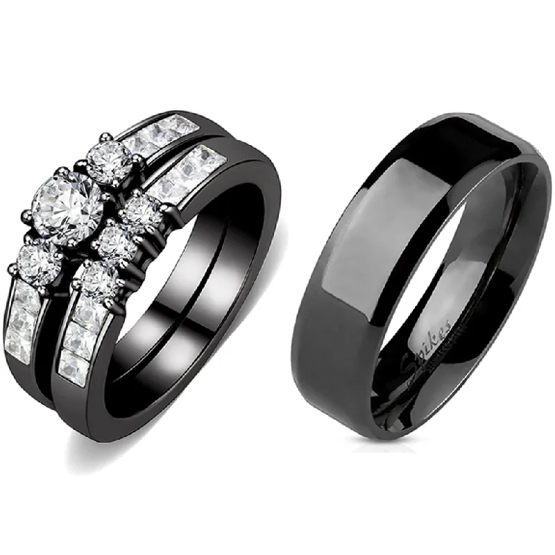 Chiseled design ring-Couples Rings Black Set Womens 3 Stone Small Round CZ Engagement Ring Mens Flat Wedding Band