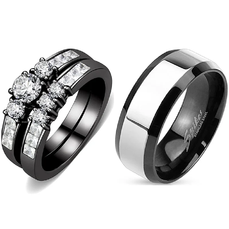 Prism-effect ring-Couples Rings Black Set Womens 3 Stone Small Round CZ Engagement Ring Mens Two Tone Band