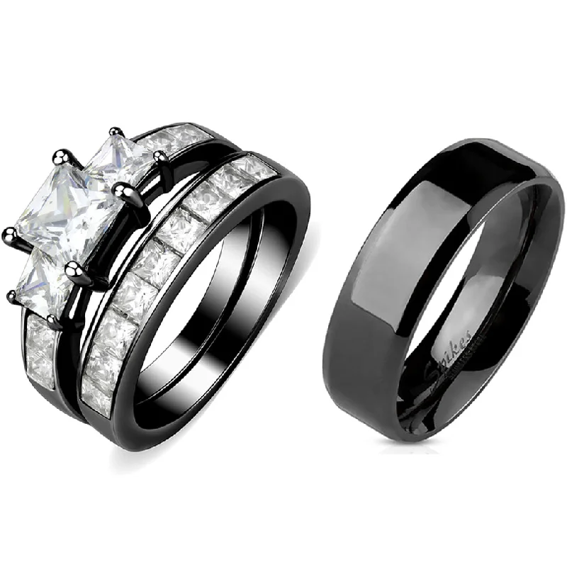 Five-stone ring-Couples Rings Black Set Womens 3 Stone Type Princess CZ Engagement Ring Mens Flat Wedding Band