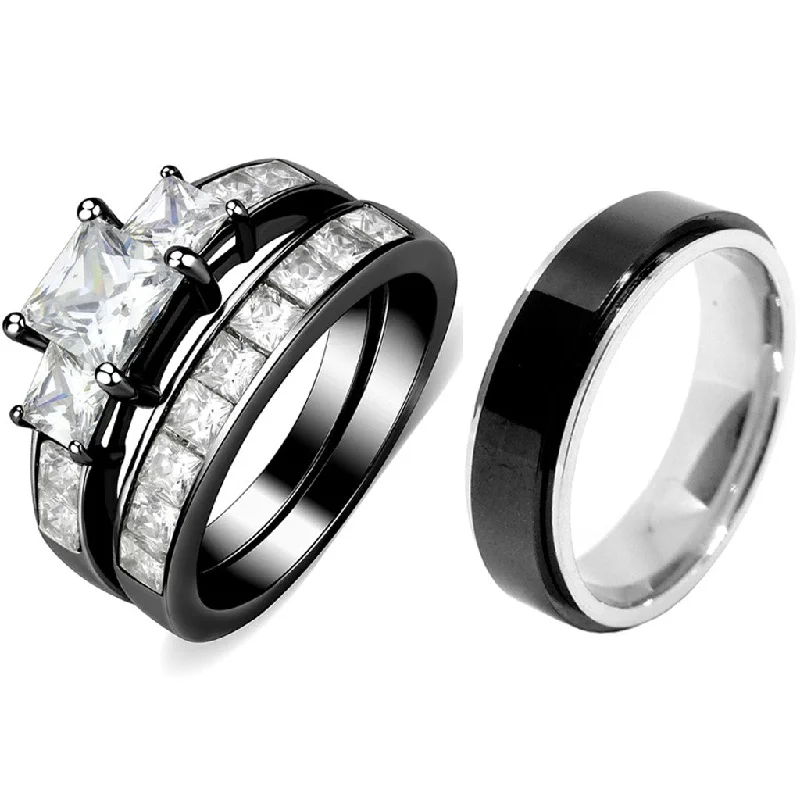 Rough rim ring-Couples Rings Black Set Womens 3 Stone Type Princess CZ Engagement Ring Mens Two Tone Spinning Band