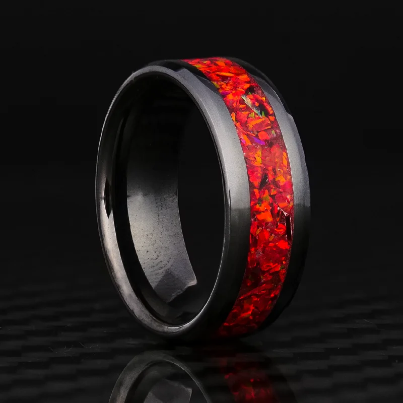 Soft morganite ring-Crimson Red Opal Glowstone Ring on Black Ceramic