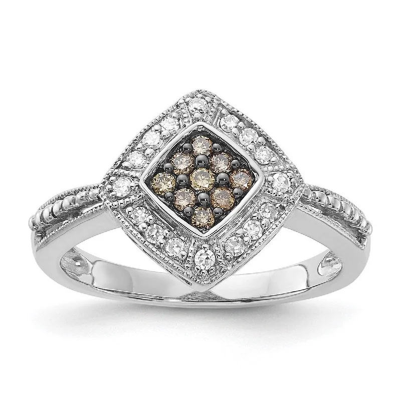 Rough rim ring-Curata 925 Sterling Silver Open back Champagne Diamond and Small Diamond Shape Ring