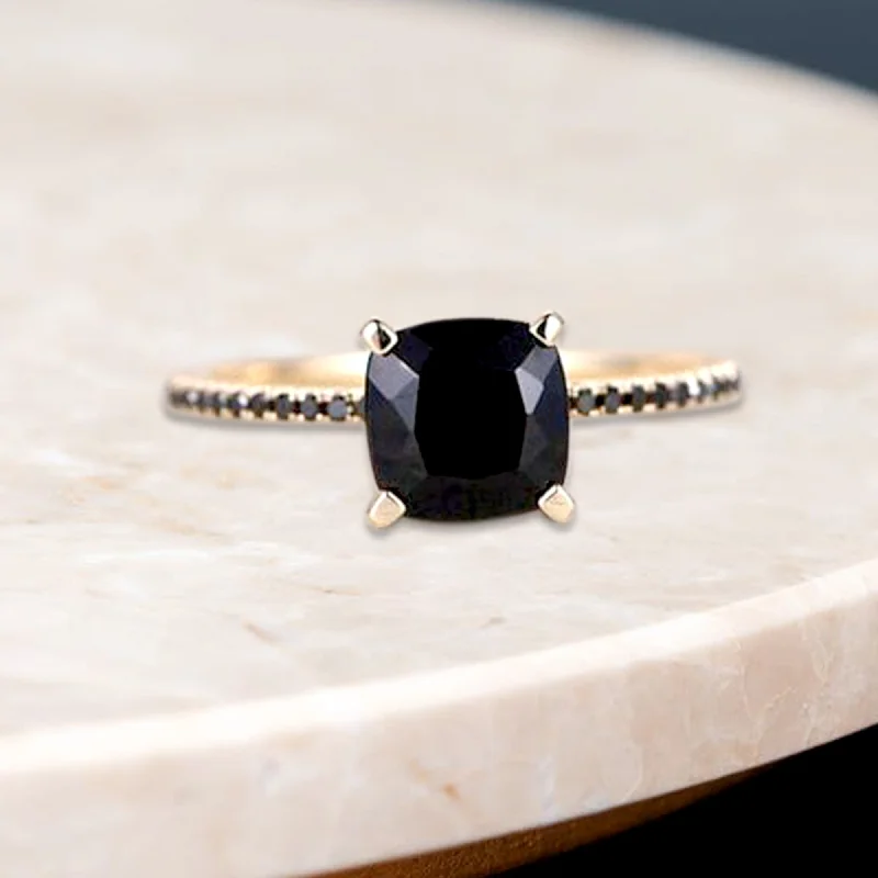 Divided band ring-Cushion Cut Black Diamond Ring In 14 K Rose Gold For Her, Black Diamond Ring