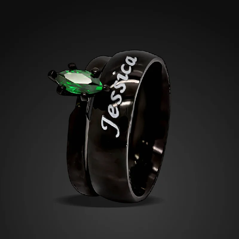 High gem ring-Custom Black Plated Wedding Ring Set Green Emerald Cubic Zirconia Engagement Rings