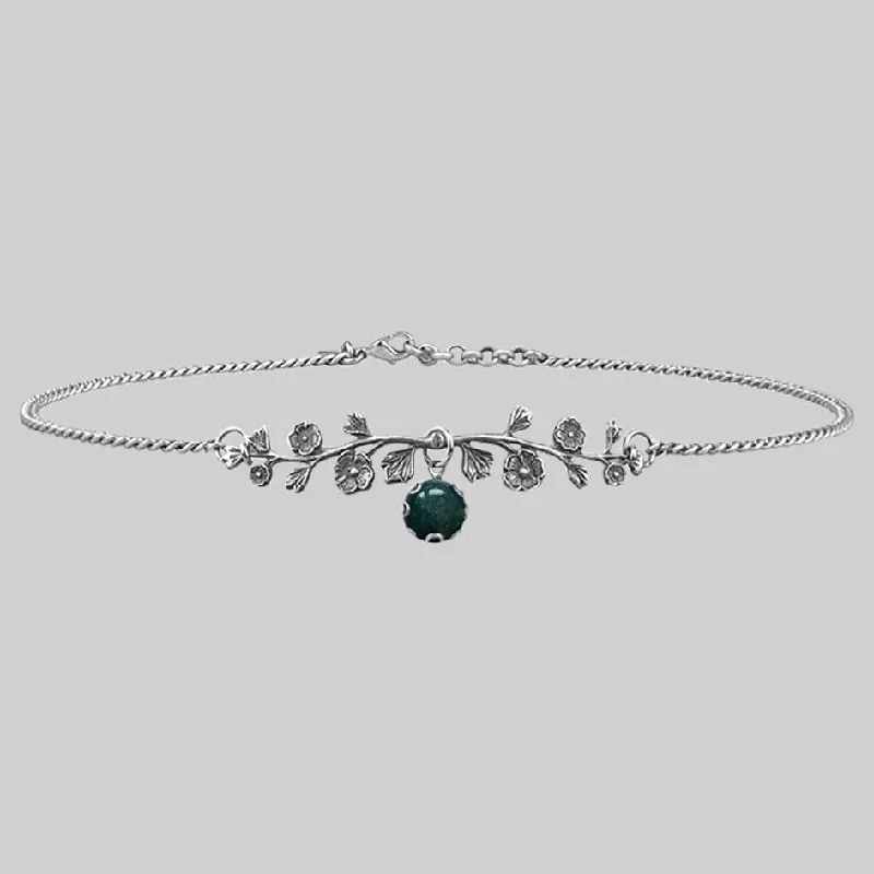 Glinting drop necklace-DARK BLOOM. Green Moss Choker - Silver