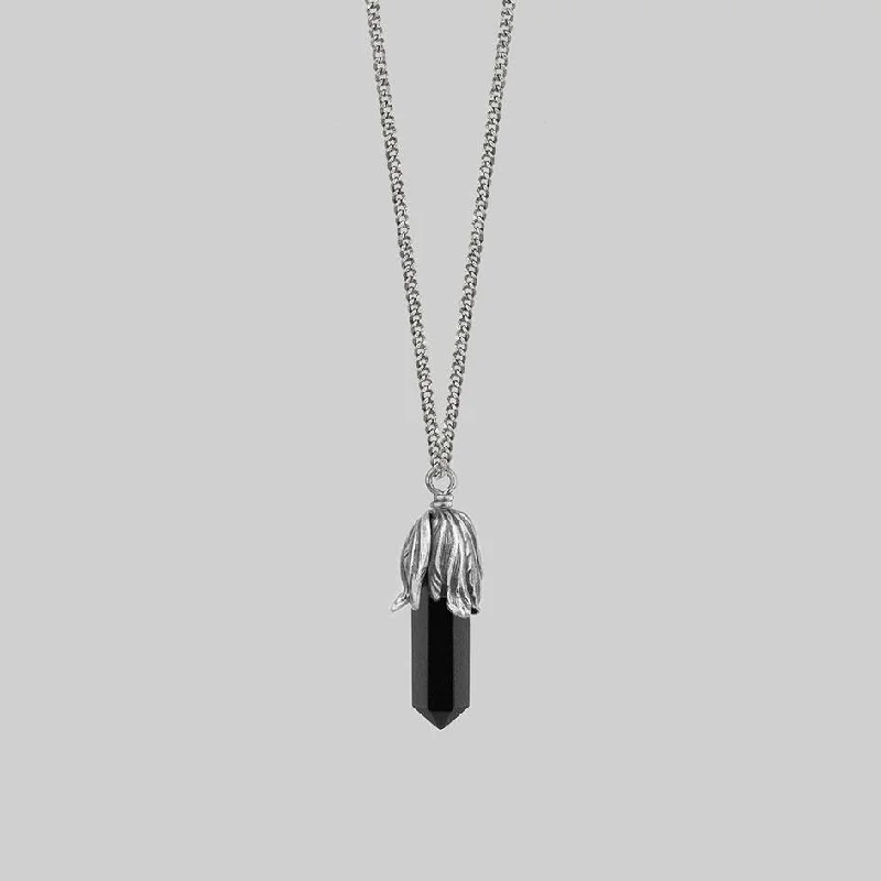 Exact-cut necklace-DEATH BLOOM. Black Agate Gemstone Necklace - Silver