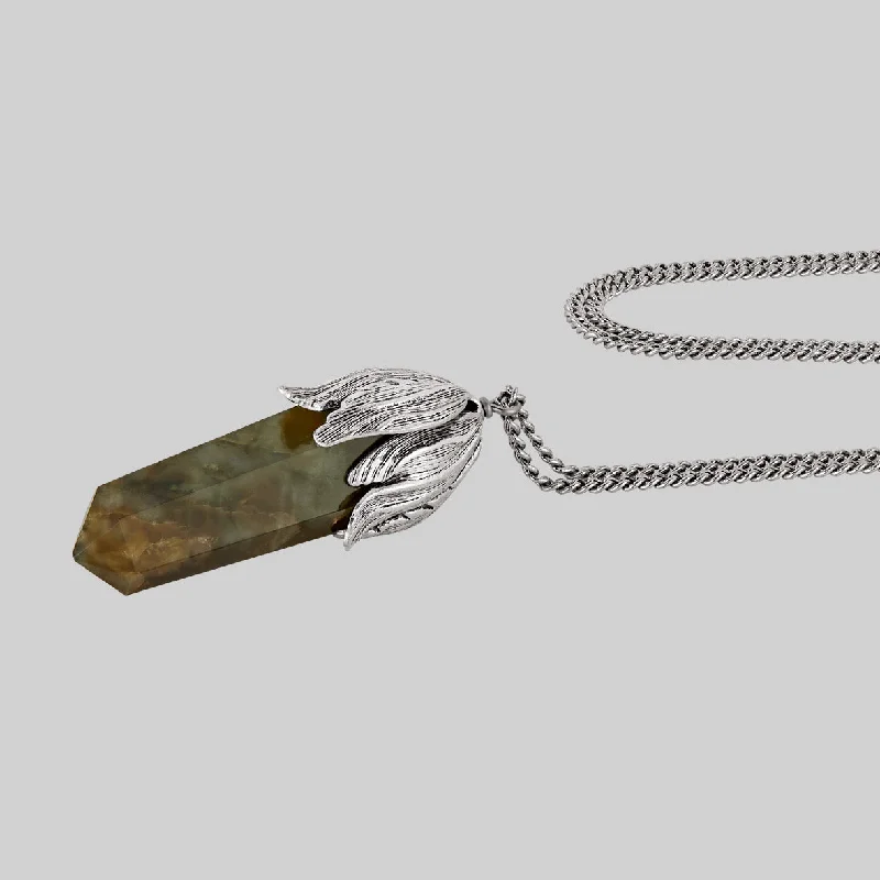 Long diamond necklace-DEATH BLOOM. Labradorite Pendant Necklace