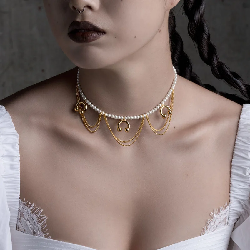 Textured necklace-DECADENCE. Pearl & Chunky Barbell Collar - Gold