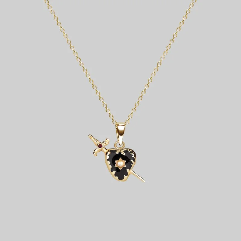 Dusk moon necklace-DEVOTION. Black Heart & Sword Gold Necklace