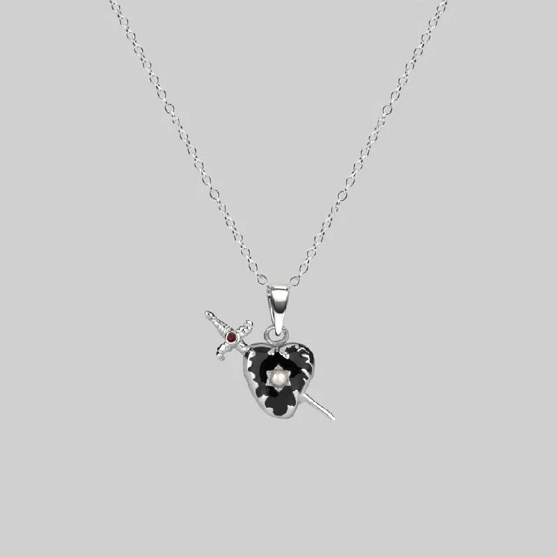 Stained enamel necklace-DEVOTION. Black Heart & Sword Silver Necklace