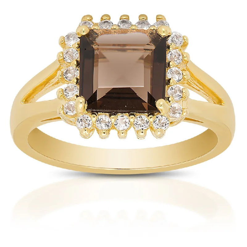 Curved design ring-Dolce Giavonna Gold Over Sterling Silver Smokey Quartz and White Topaz Gemstone Ring