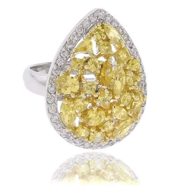 Exact-cut ring-Dolce Giavonna Silver Overlay Yellow and White Cubic Zirconia Teardrop Ring