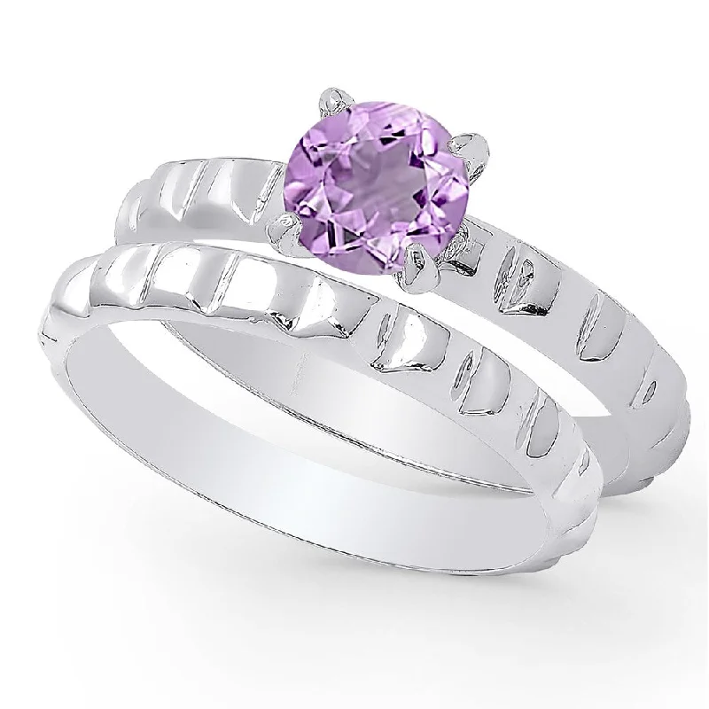 Wave motif ring-Dolce Giavonna Sterling Silver Amethyst Solitaire Bridal Ring Set