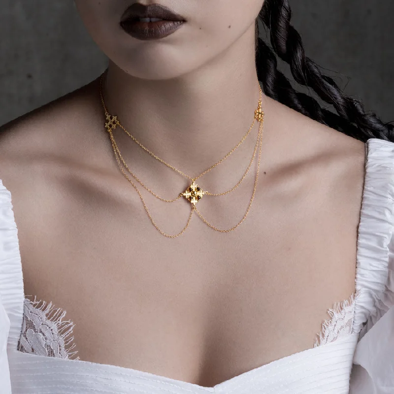 Shimmering crystal necklace-ELVIRA. Medieval Cross Garnet Necklace  - Gold