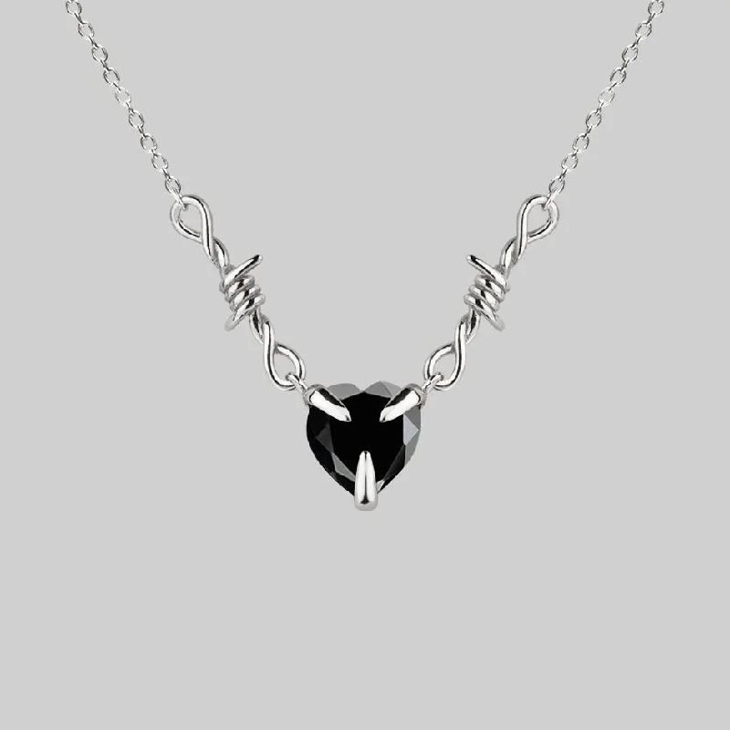 Sleek tungsten necklace-FATAL. Barbed Wire & Black Onyx Heart Necklace - Silver