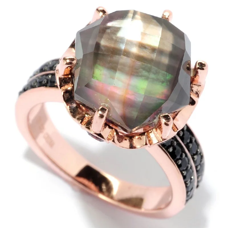 Bezel-rim ring-Gold over Silver Mother of Pearl Doublet Amethyst and Black Spinel Crown Ring