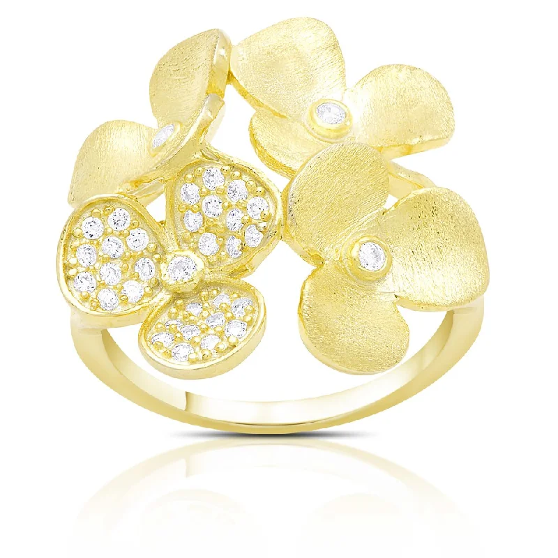 Forged gold ring-Gold over Sterling Silver Cubic Zirconia Multi Flower Ring