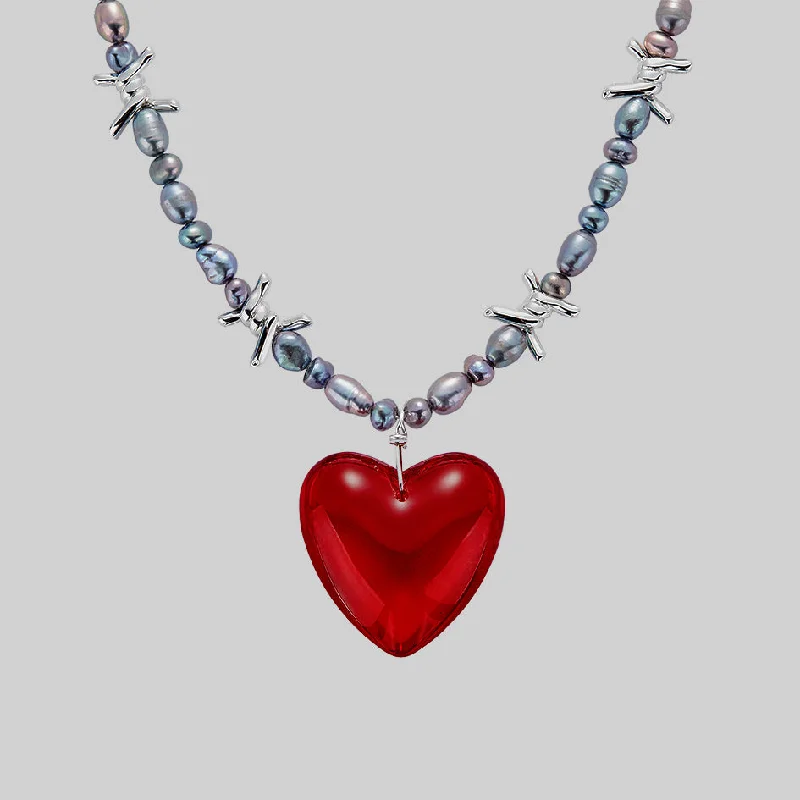 Six-heart necklace-HEART OF STONE. Barbed Wire & Black Pearl Necklace - Silver