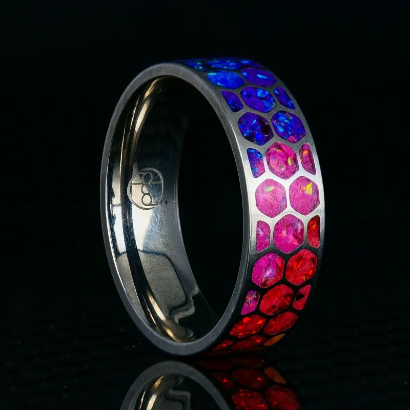 Bold gem ring-Hexagon Prismatic Opal Glowstone Ring on Titanium